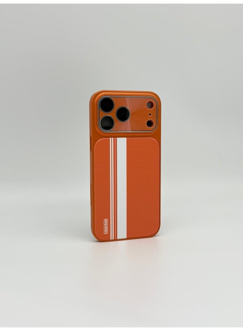 عام CaseBar Retro Racing Series Case for iPhone 17 Pro Max – Dual-Color Heritage Edition – 3D Texture & Skin-Friendly Coating – Slim Shockproof Protective Cover (Orange) - Image 3